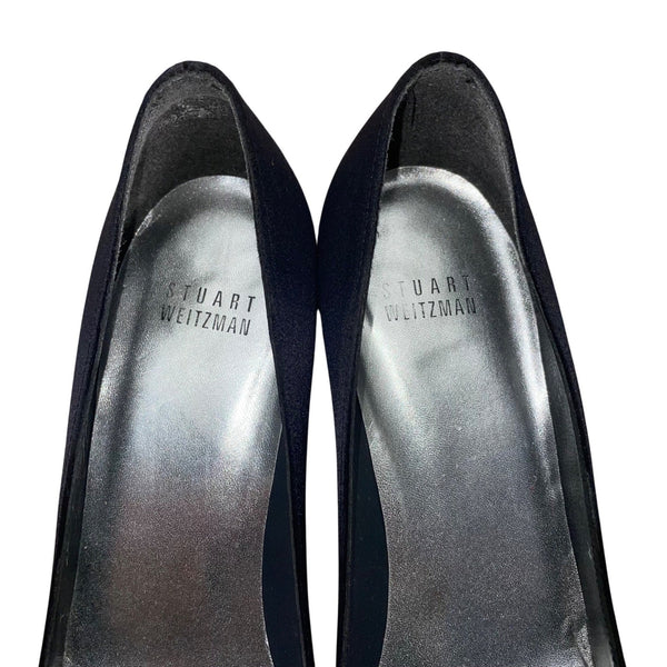 Stuart Weitzman Women’s Black Satin With Pleated Bow Peep Toe Heels Size 7M