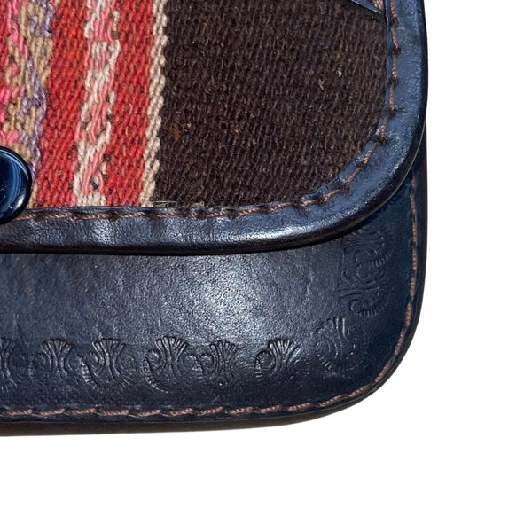 Vintage Handmade Women’s Brown Leather & Woven Striped Pattern Crossbody Bag