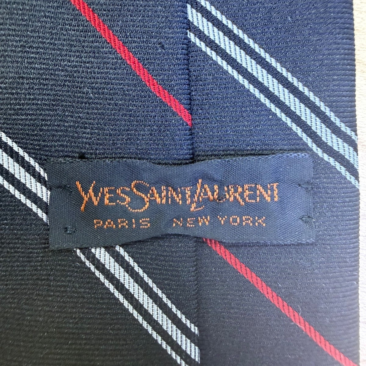Y Saint Laurent Mens Navy Silk Tie Striped Pattern Red & White Accents