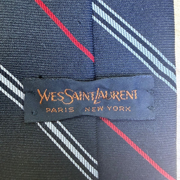 Y Saint Laurent Mens Navy Silk Tie Striped Pattern Red & White Accents