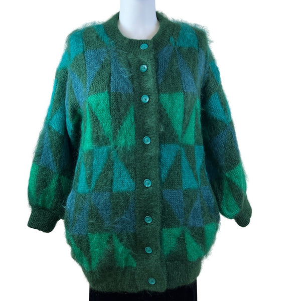 Vitage Mohair Green Geometric Mohair Blend Button-Up Cardigan Sweater Women’s