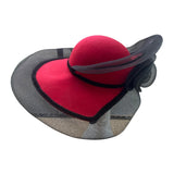 Wide Brim Red & Black Wool Fascinator Hat With Mesh Flower Detail Vintage Style