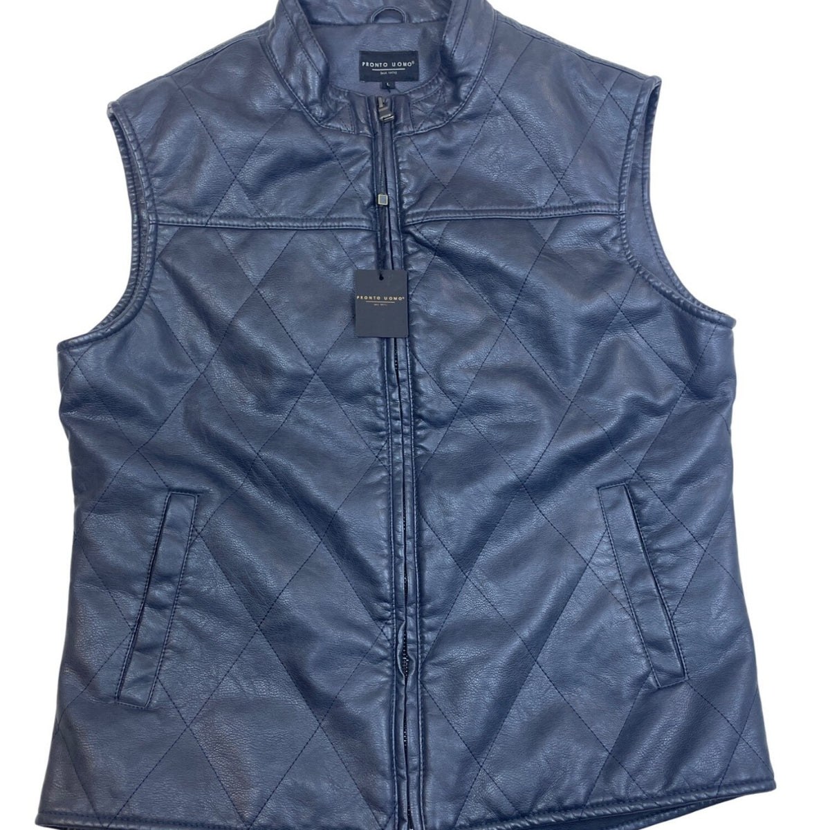Pronto Uomo Mens Black Faux Leather Quilted Vest With Pockets Sz L - New