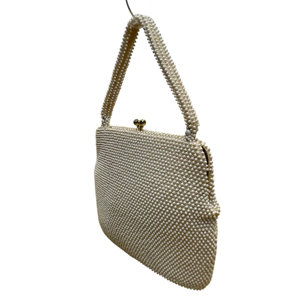 Vintage Lumured Cordé Bead Women’s White Beaded Handle Kiss Lock Closure Clutch
