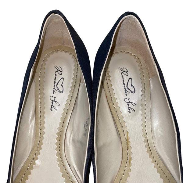 Romantic Soles Women’s Black Satin Decorative Rose Accent Geneva Flats Size 8W