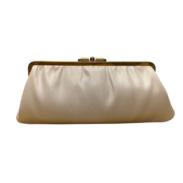 Vintage Women's White Leather With Gold Trim Pleated Design Evening Clutch Bag