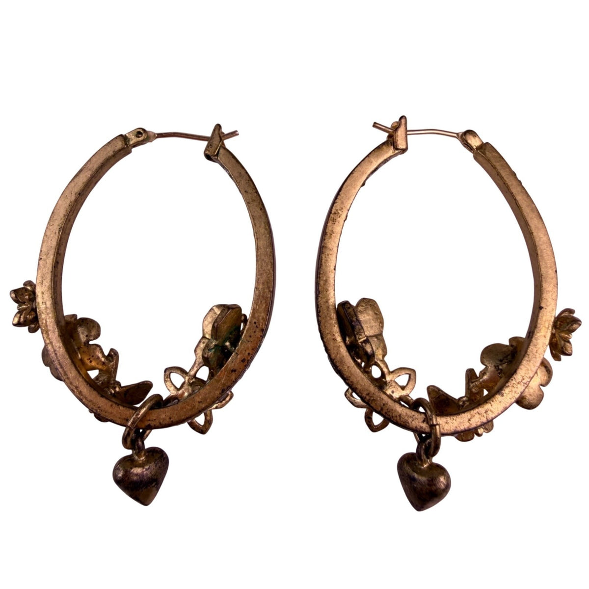Gold Tone Vintage Flower Hoop Earrings With Crystal Accents & Heart Charms