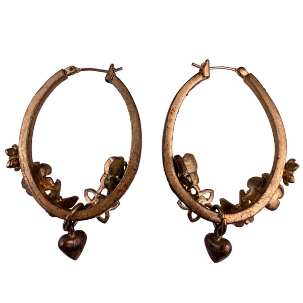 Gold Tone Vintage Flower Hoop Earrings With Crystal Accents & Heart Charms