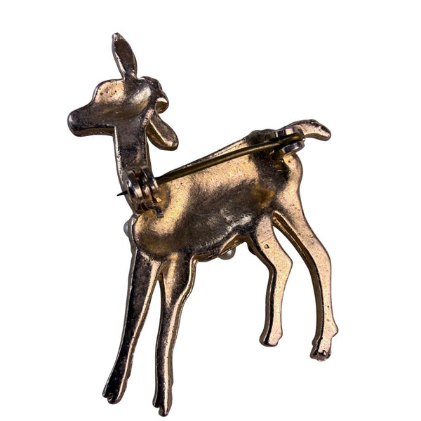 Vintage Unknown Gold Tone Deer Brooch Faux Pearls Purple Stone Accent