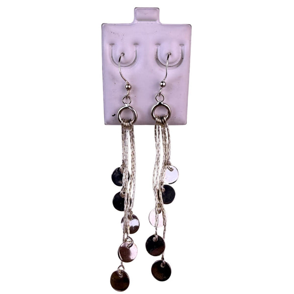 Sterling Silver 925 Womens Dangling Earrings Multichain Tassels Circle Charms