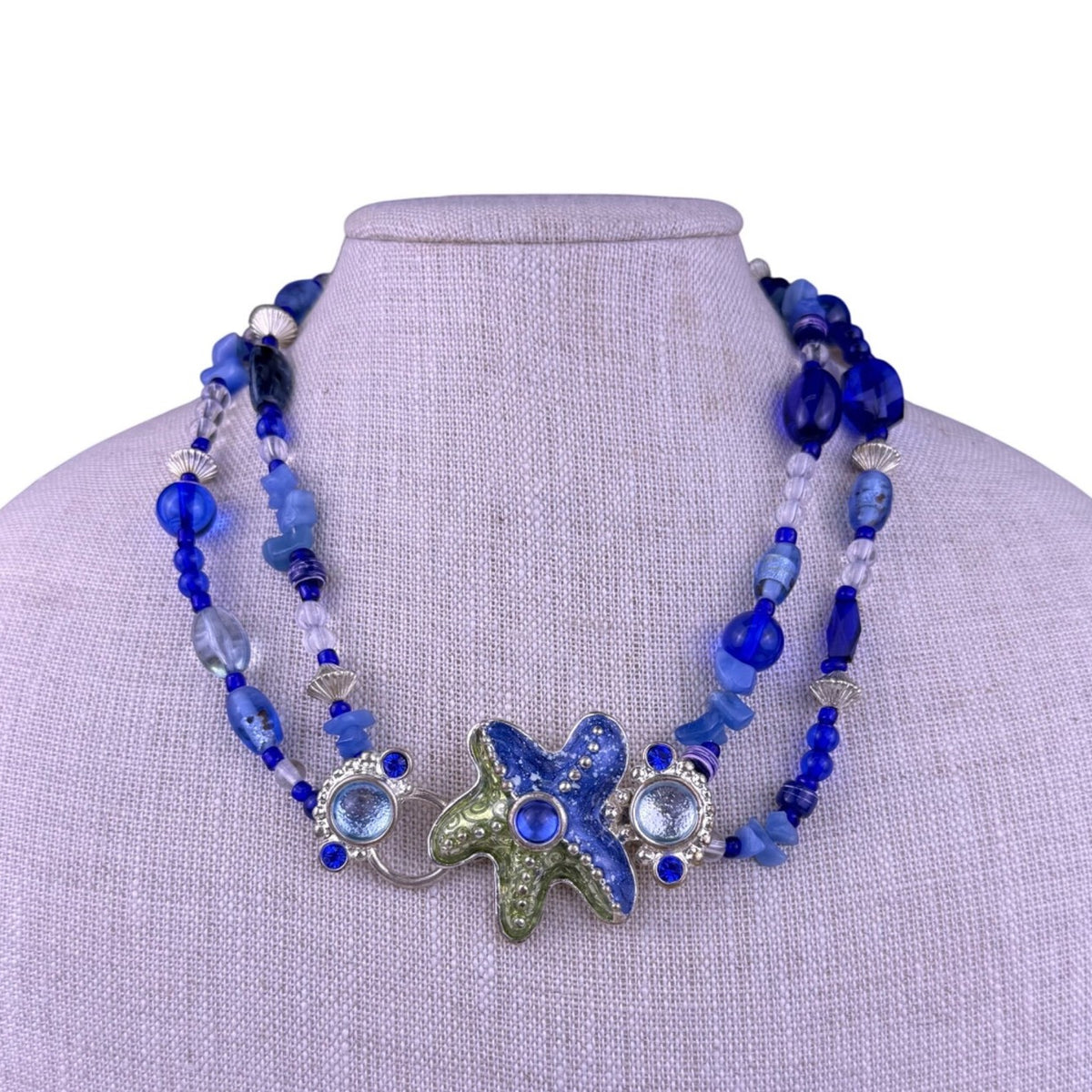 Chicos Womens Blue & Green Glass Nautical Double-Strand Necklace  Silver Tone