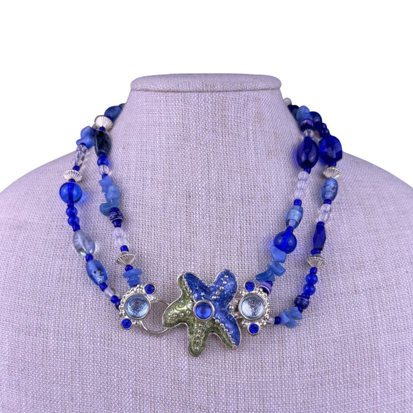 Chicos Womens Blue & Green Glass Nautical Double-Strand Necklace  Silver Tone