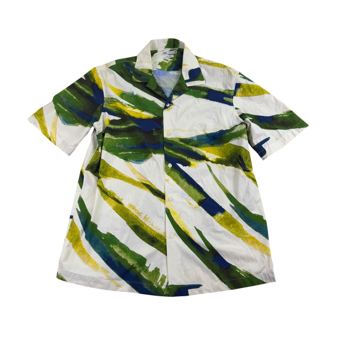 Zara Mens Green/Yellow Printed Button-Down Short-Sleeve Shirt Size L
