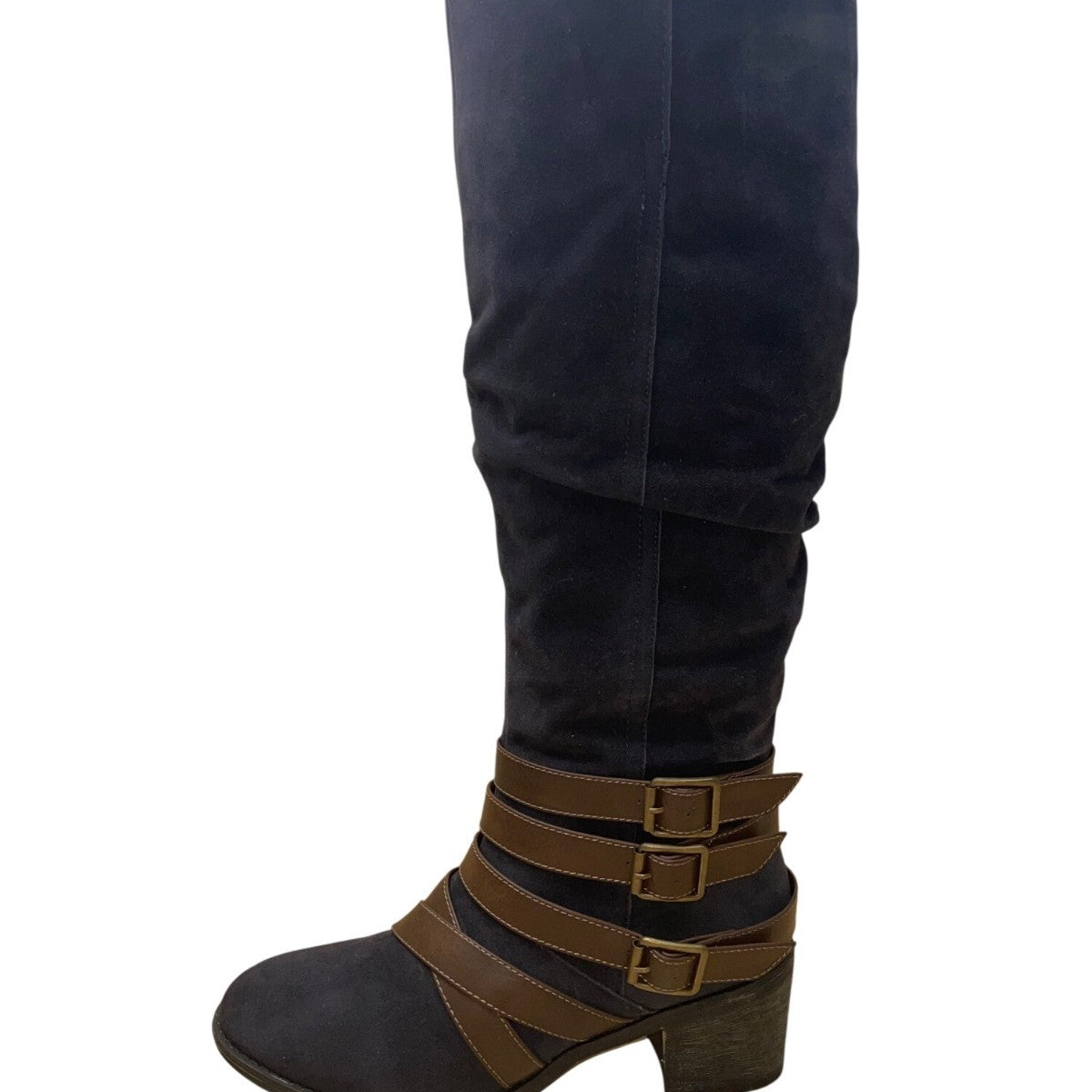 Cato Women’s Black & Brown Triple Buckle & Zip Closure Knee High Boots Size 9M