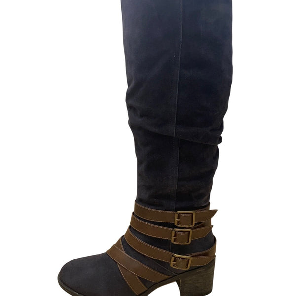 Cato Women’s Black & Brown Triple Buckle & Zip Closure Knee High Boots Size 9M