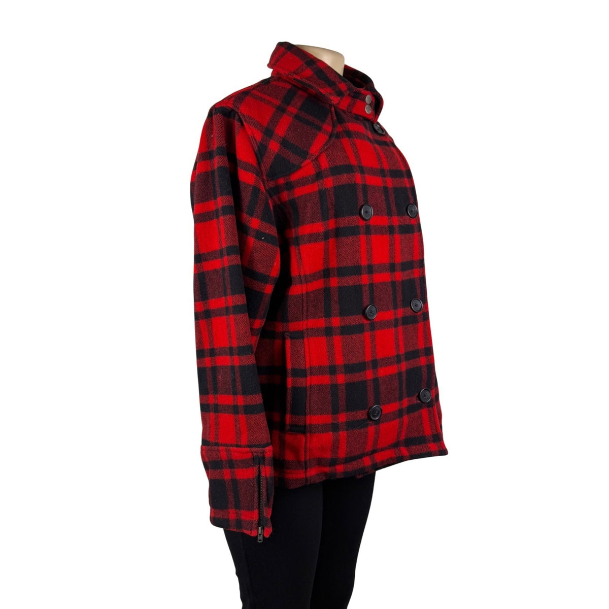 Woolrich Womens Red & Black Plaid Peacoat Double Breasted Jacket Size L