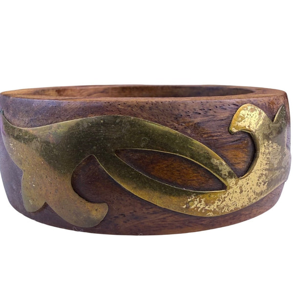 Vintage Mahogany & Brass Bangle Bracelet Handcrafted Wood Accents
