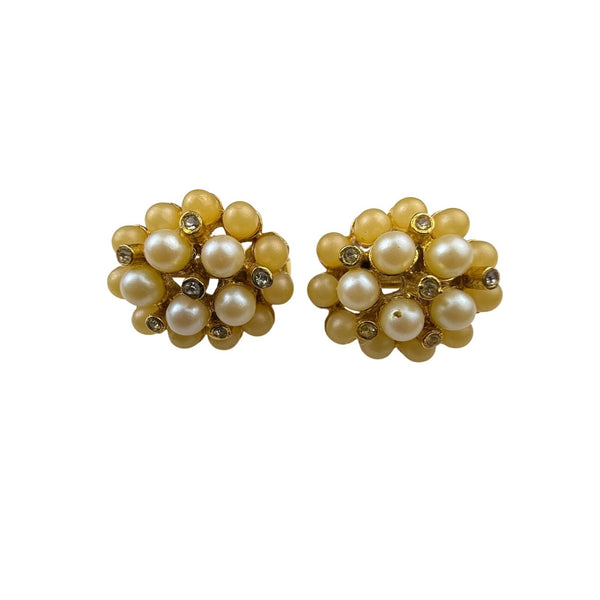 Gold Tone Clip-On Earrings With Faux Pearls & Rhinestones Cluster Design Vintage