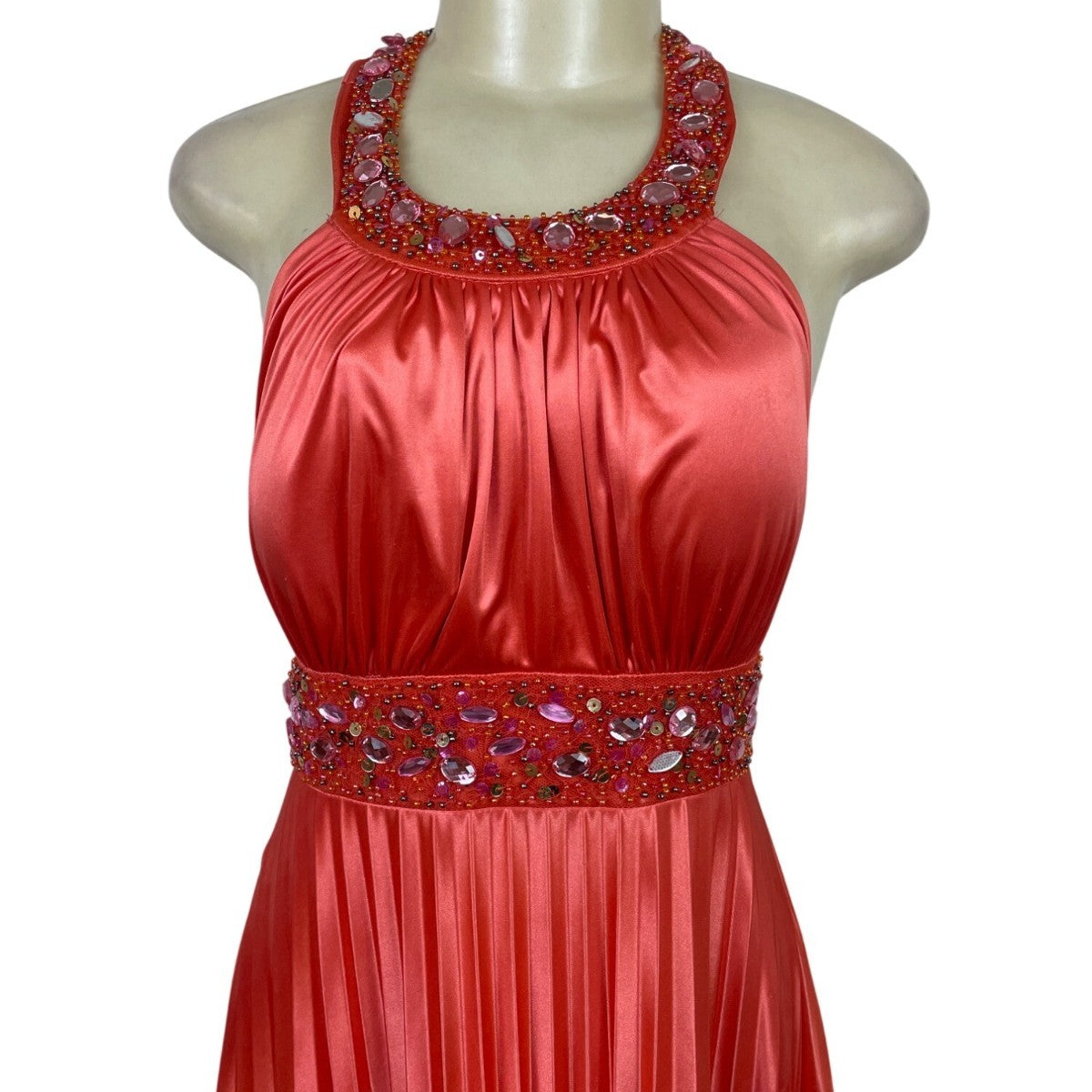 My Michelle Womens Red Satin Halter Evening Gown With Beaded Detailing Size XL