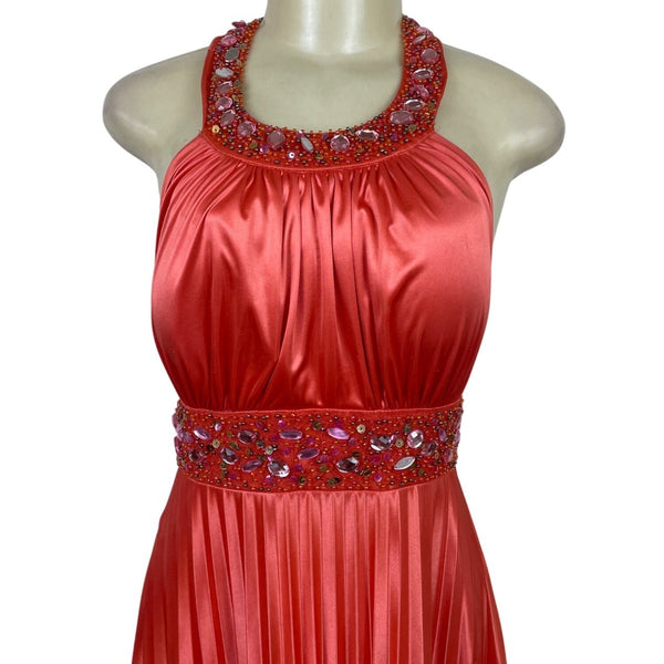 My Michelle Womens Red Satin Halter Evening Gown With Beaded Detailing Size XL