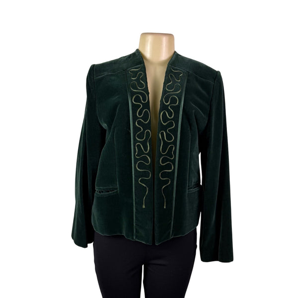 Galerias Preciados Womens Green Velvet Embroidered Open Front Blazer Sz 46