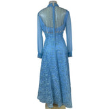 Vintage Womens Blue Embellished Sheer Long-Sleeve Gown With Beaded Overlay