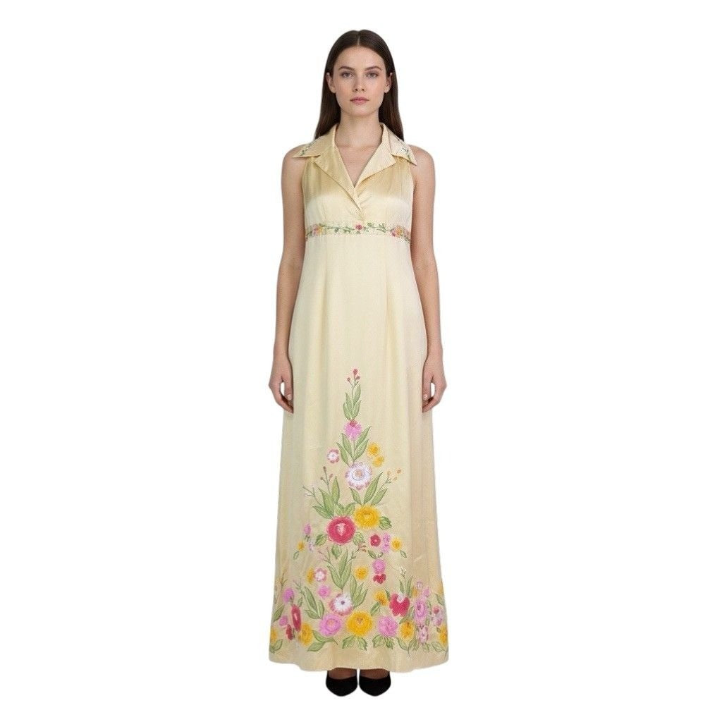 Gold Floral Embroidered Satin Sleeveless Womens Maxi Dress Classy Collar Design