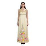 Gold Floral Embroidered Satin Sleeveless Womens Maxi Dress Classy Collar Design