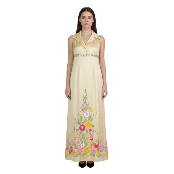 Gold Floral Embroidered Satin Sleeveless Womens Maxi Dress Classy Collar Design