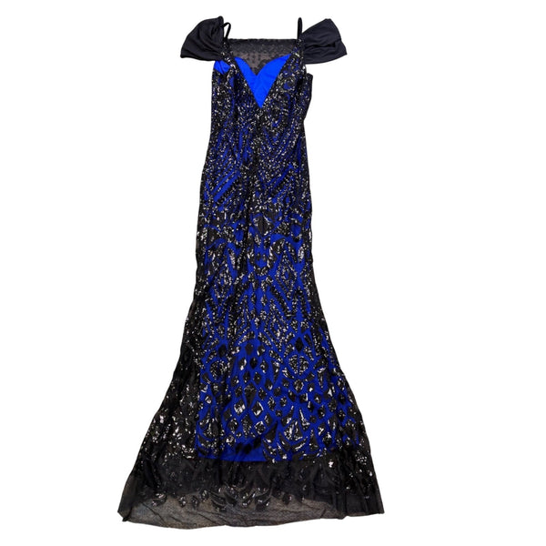 Angel Fashions Womens Black & Royal Blue Sequin Lace Gown Mermaid Dress Size L