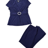 R&M Richards Womens Navy 2-Piece Petite Pant & Tee Stretch Set Size 14P