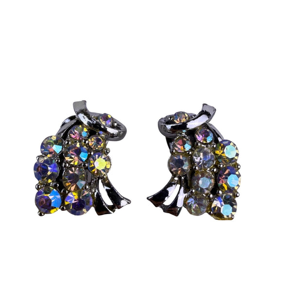 Vintage Womens Silver Tone Rhinestone Floral Brooch & Clip-On Earrings Set
