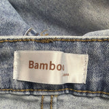 Bamboo Womens Blue Denim Embroidered Flare Jeans Raw Hem Size 7/28