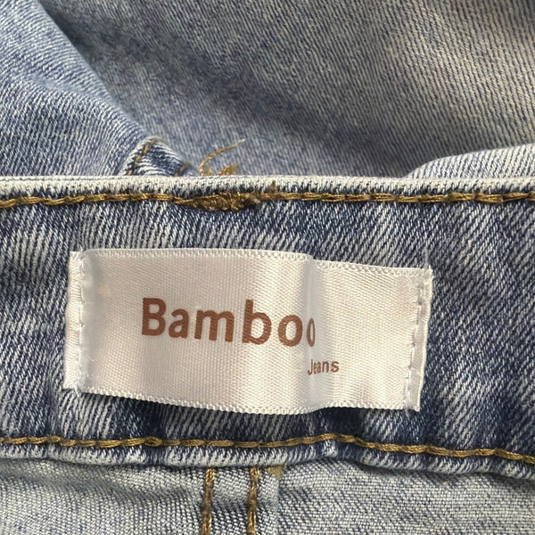 Bamboo Womens Blue Denim Embroidered Flare Jeans Raw Hem Size 7/28