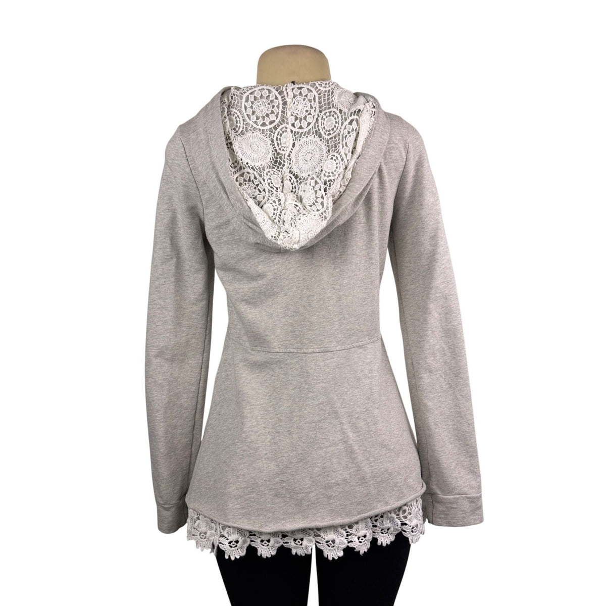 LoveAndliberTy Womens Gray Cotton/Spandex Lace Trim Hooded Zip-Up Sweater Size S