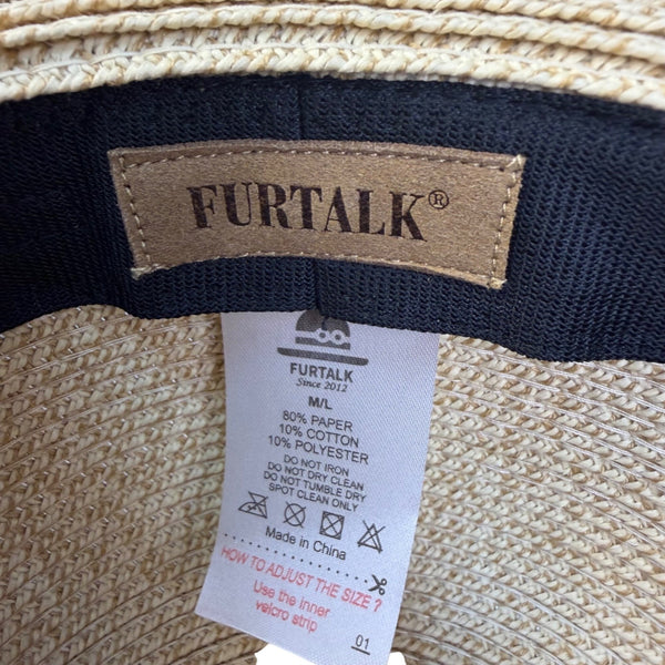 Furtalk Womens Beige Straw Sun Hat UPF 50+ Wide Brim Black Bow Summer