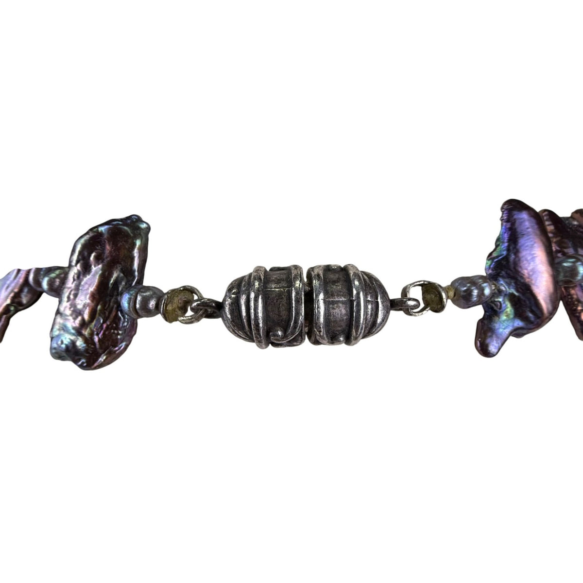 Vintage Freshwater Iridescent Black Pearl Necklace Silver Tone Spacer Beads Magn