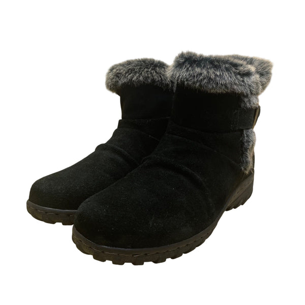 Khombu Women’s Black Leather Faux Fur Winter Buckle Accent Ankle Boots Size 8M