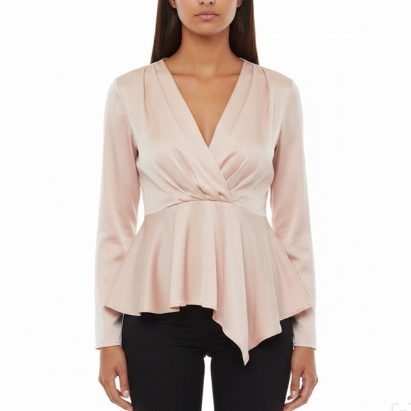 Fashion Nova Womens Pink Long-Sleeve Blouse Draped Front Flowy Hem Sz L