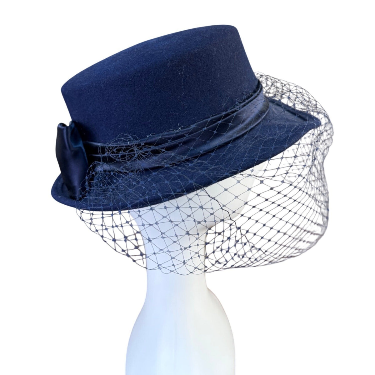 Michael Howard Womens Navy Wool Dress Hat With Bow & Netting Made In USA