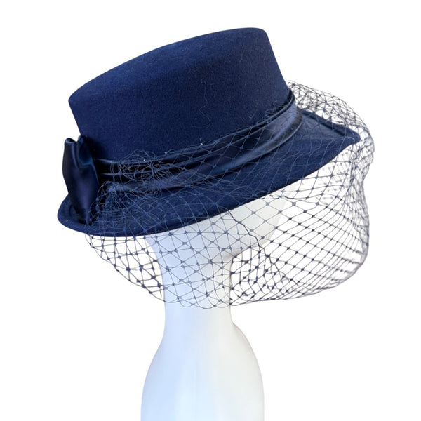 Michael Howard Womens Navy Wool Dress Hat With Bow & Netting Made In USA
