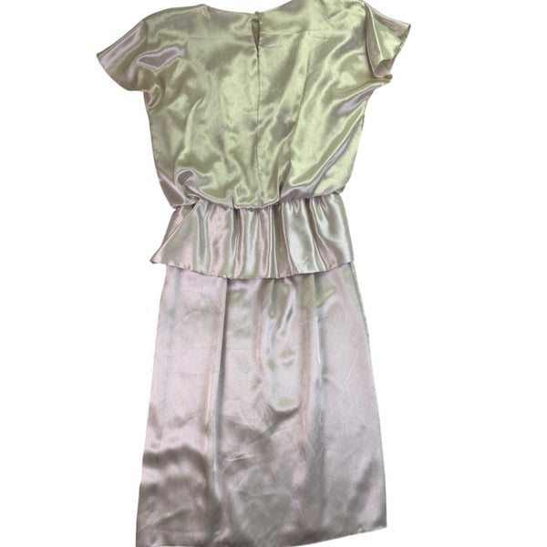 Jamie Womens Champagne Satin Pleated Dress With Bow Detail & Cap Sleeves Size M