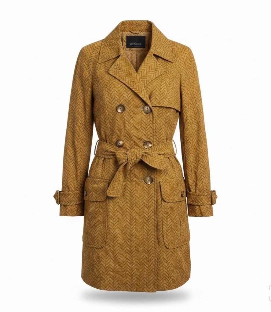 Hettabretz Womens Yellow 100% Silk Double-Breasted Trench Coat With Belt Italy