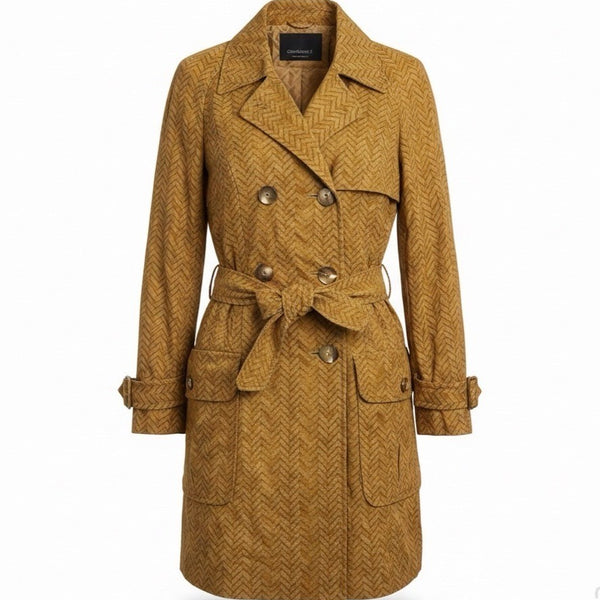 Hettabretz Womens Yellow 100% Silk Double-Breasted Trench Coat With Belt Italy