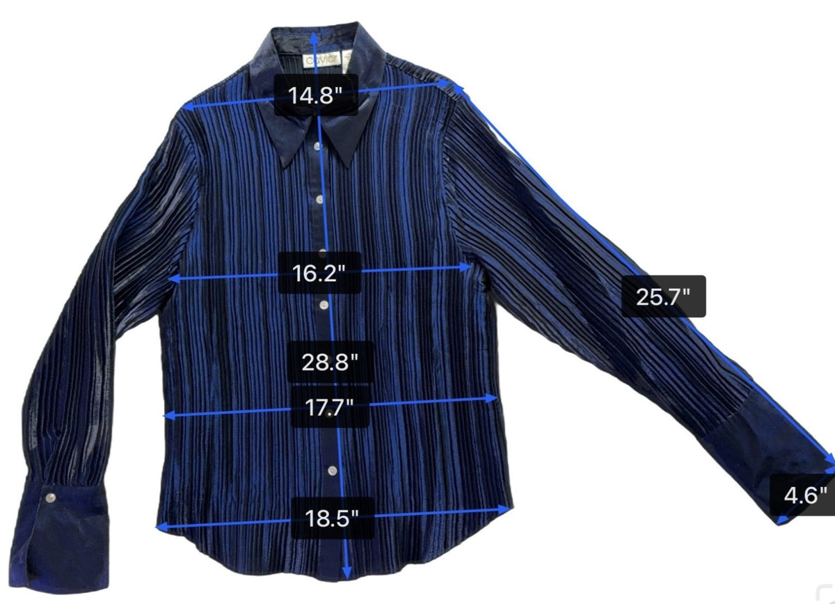 Caviar Womens Navy Satin Blend Pleated Button-Up Shirt Long Sleeve Sz XL