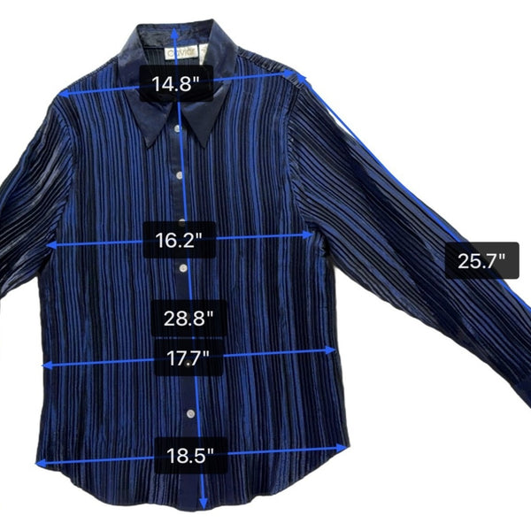 Caviar Womens Navy Satin Blend Pleated Button-Up Shirt Long Sleeve Sz XL