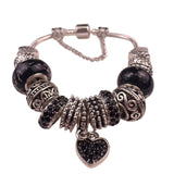 Sterling Silver Ladies Black & Silver Beaded Bracelet With Heart Charm
