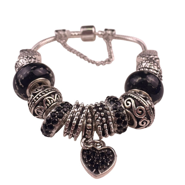 Sterling Silver Ladies Black & Silver Beaded Bracelet With Heart Charm