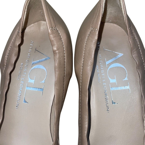 AGL Women’s Beige Brown Leather Buckle Accent Ballet Style Flats Size 39