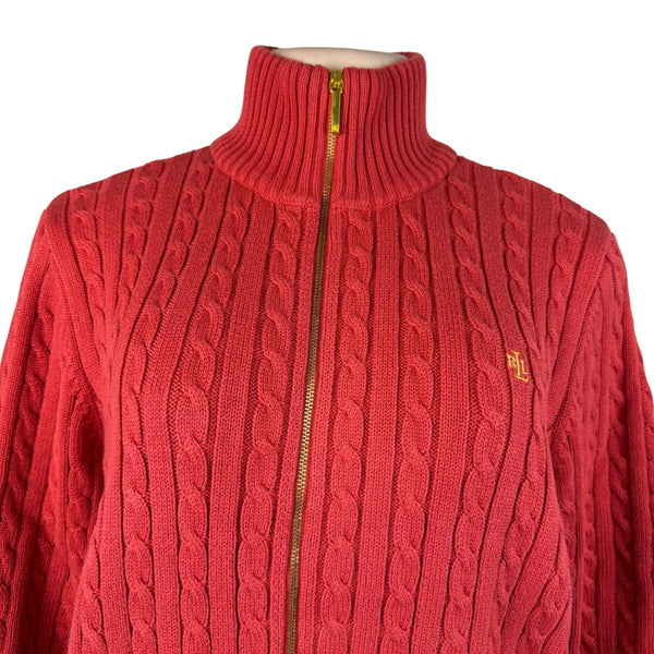 Lauren Ralph Lauren Womens Red Cable Knit Full Zip Sweater With Pockets